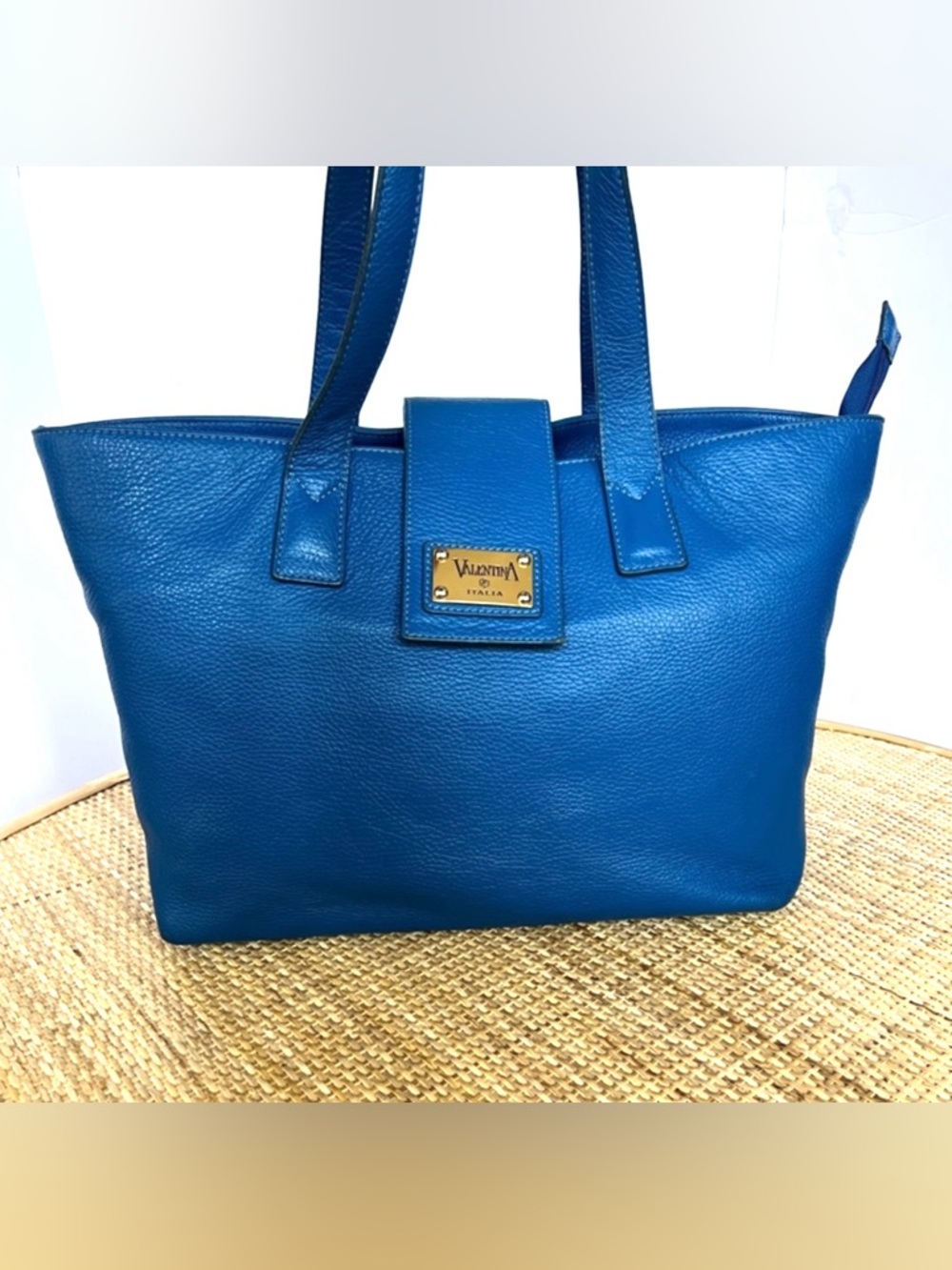 Valentina Italian Leather Tote Zipper 
Crayon Box Bright Blue Gold Accents